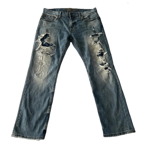 🌻4/$20 AEO Men’s Slim Straight Patch Distressed Jeans Size 33x30 - Picture 2 of 15